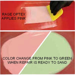 Evercoat Rage OPTEX Premium Filler, image of color change from pink to green, showing when repair is ready to sand